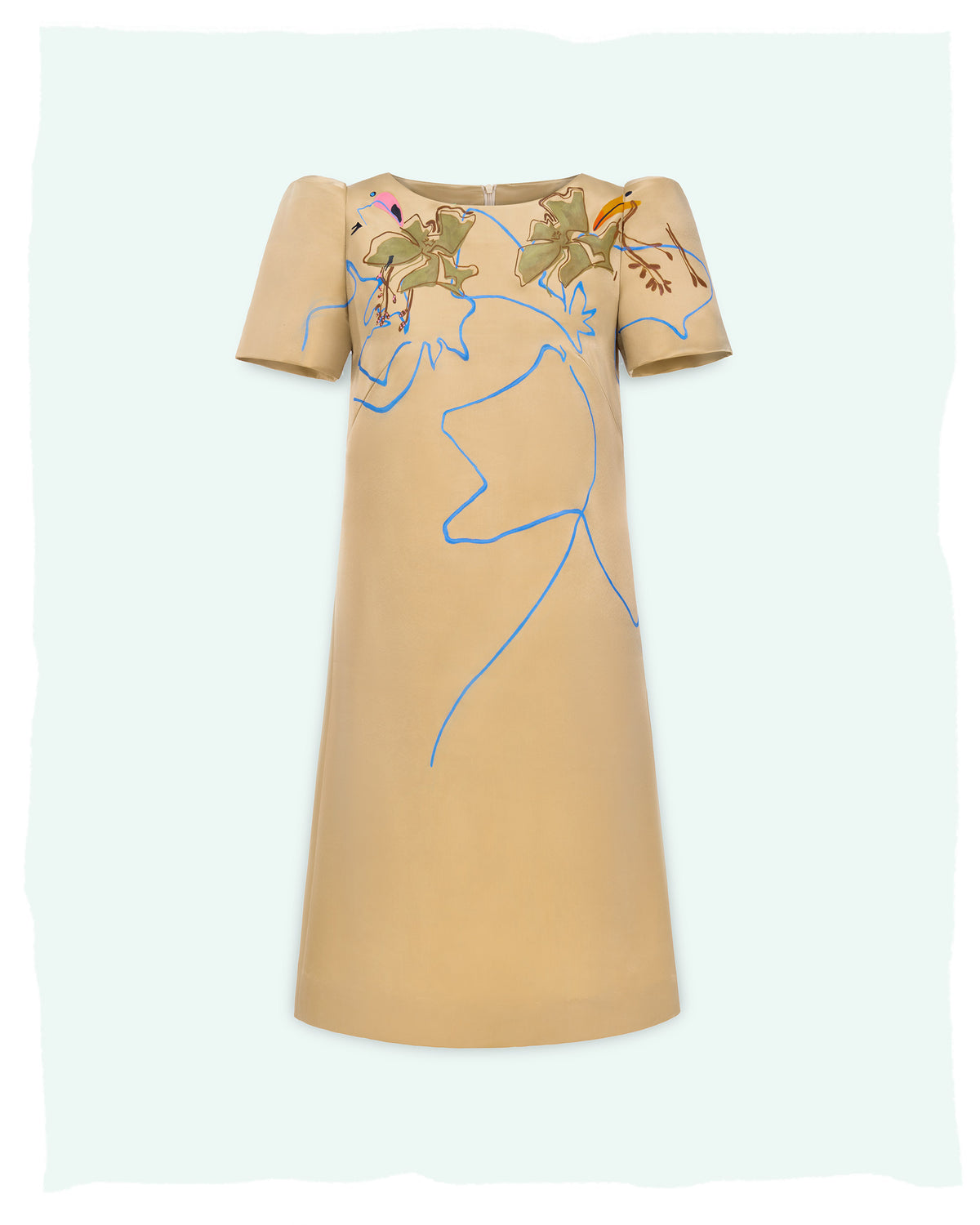 Abstract Hand-painted Tucked Sleeves Light Brown Mini Dress