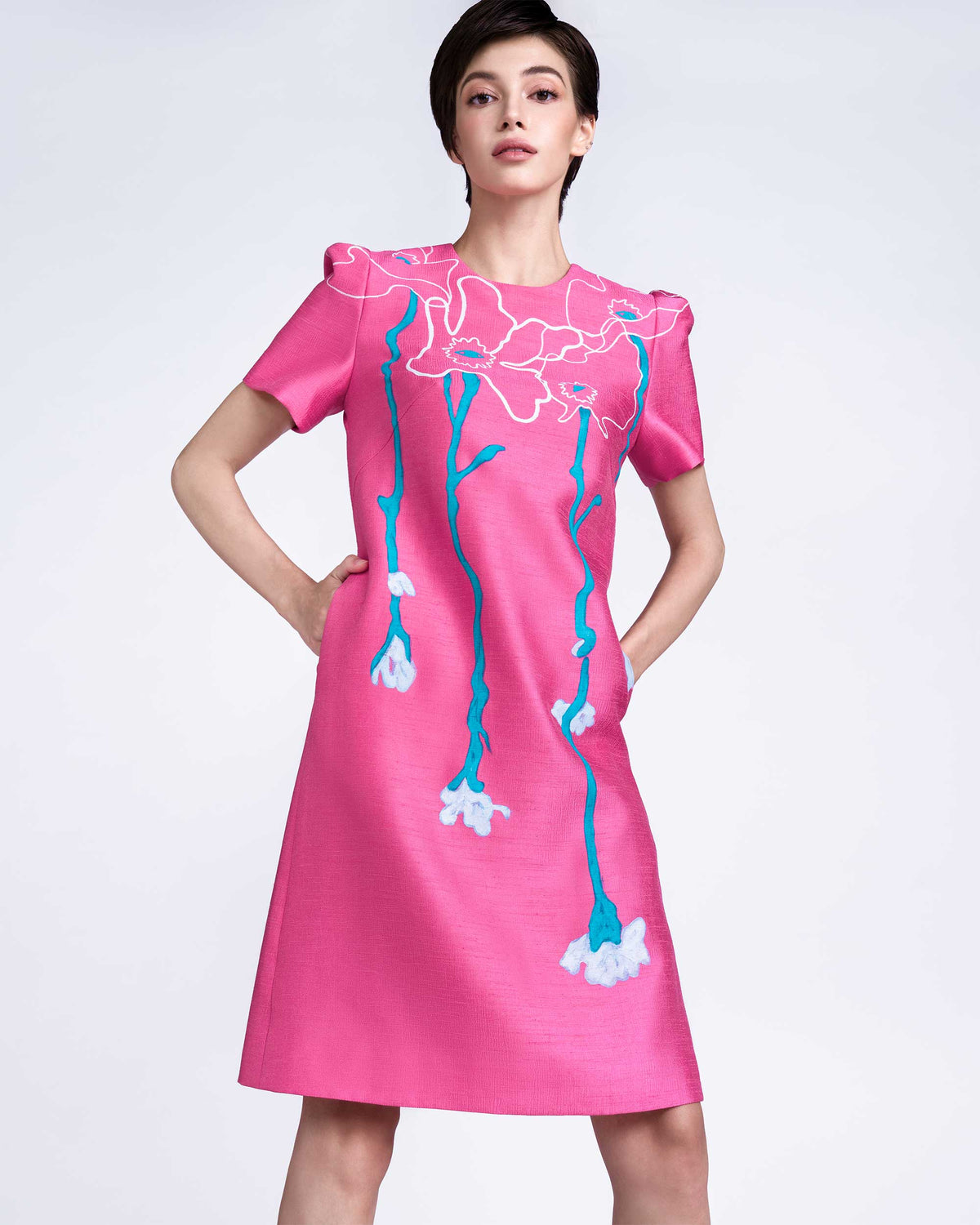 Inside Flowers - Tucked Sleeves Thulian Pink Mini Dress