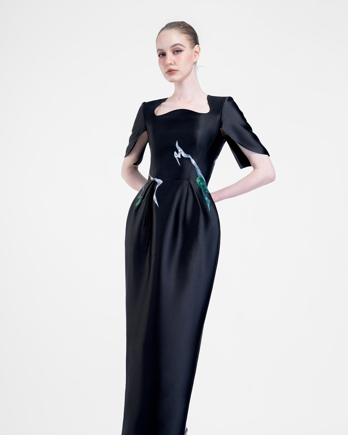 Secret Bloom - Cape Sleeves Black Evening Dress