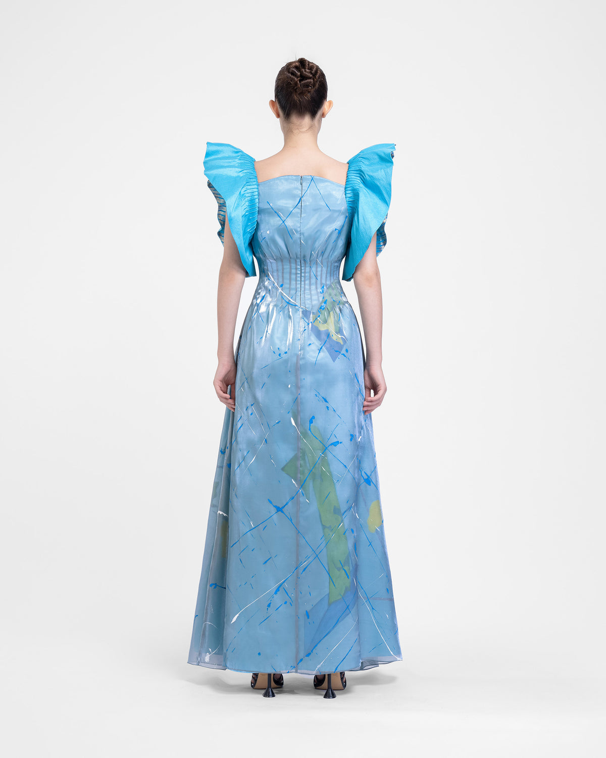 Dragon In Aquamarine - Ruffled Sleeves Gown Dress