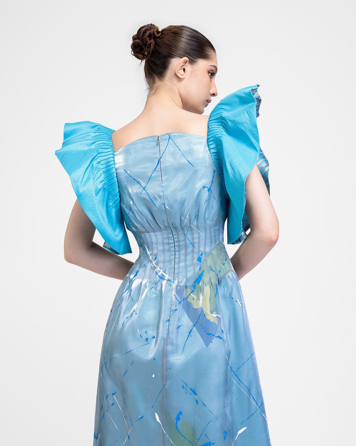 Dragon In Aquamarine - Ruffled Sleeves Gown Dress