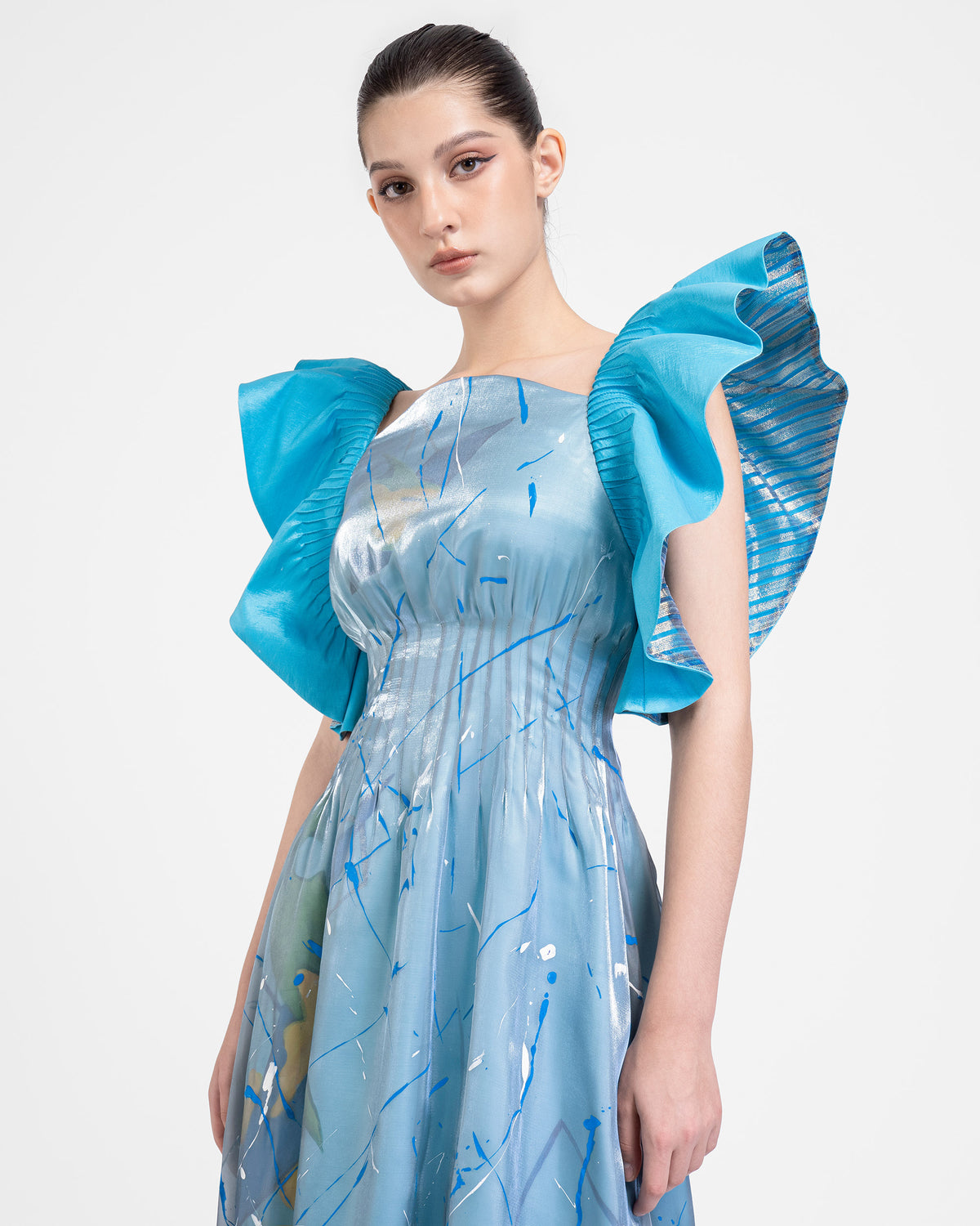 Dragon In Aquamarine - Ruffled Sleeves Gown Dress