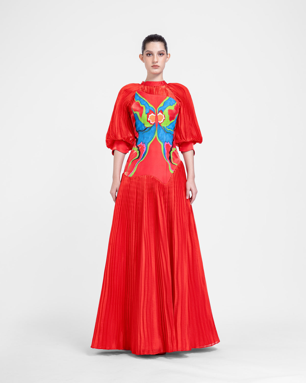Red Cocoon - Long Cuff Sleeves Pleated Evening Dress