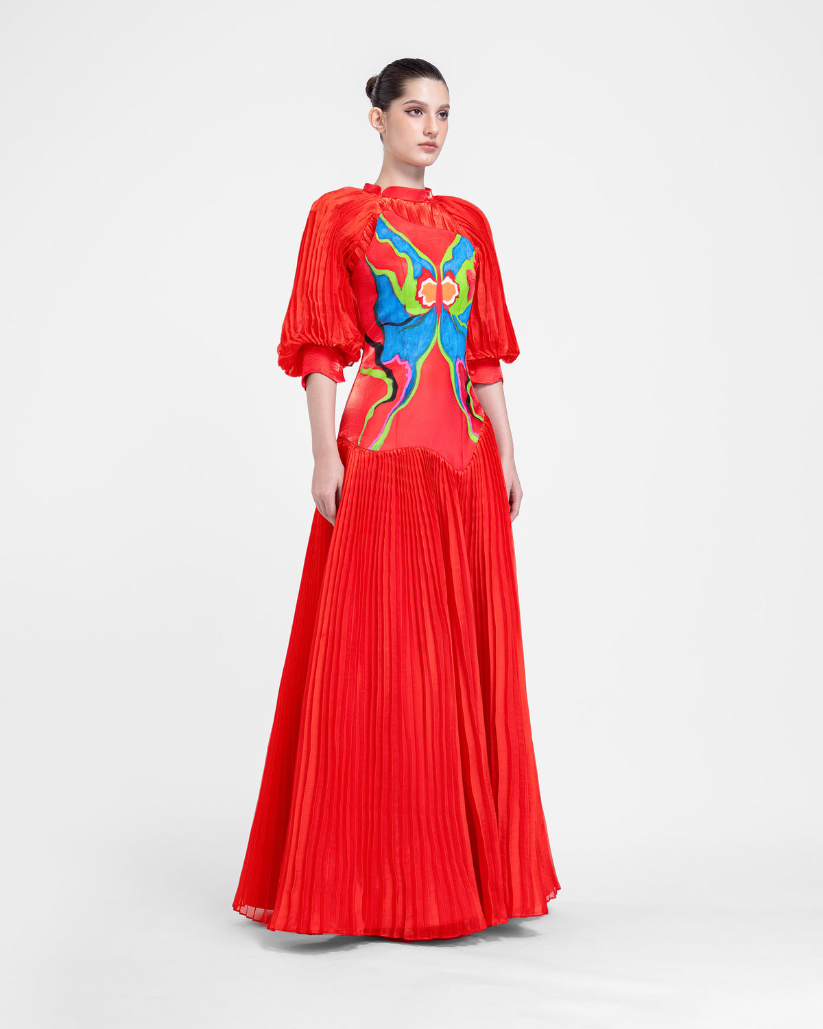 Red Cocoon - Long Cuff Sleeves Pleated Evening Dress