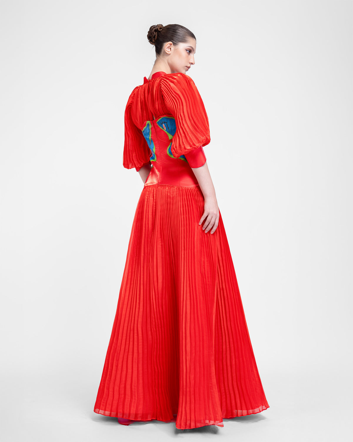 Red Cocoon - Long Cuff Sleeves Pleated Evening Dress