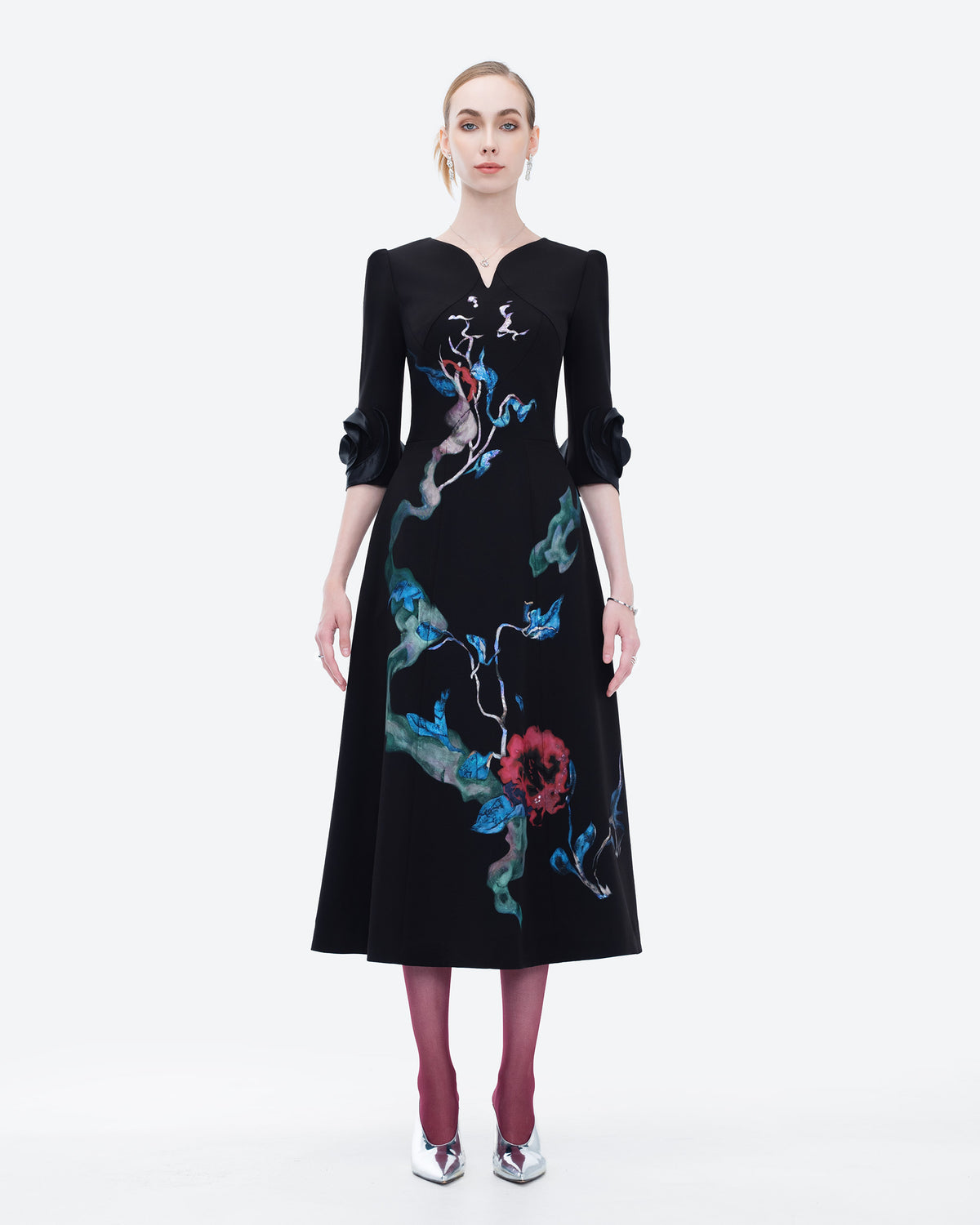 Midnight Garden - Asymmetrical Black Midi Dress