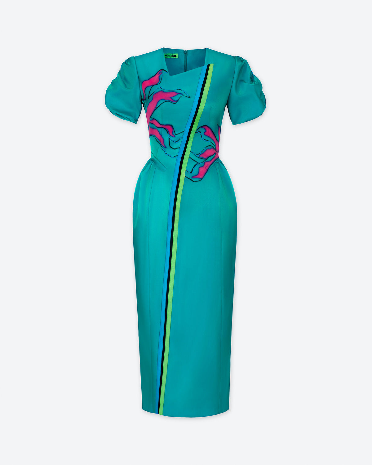 Abstract Flower - Đầm Midi Xanh Cobalt Teal Bất Đối Xứng