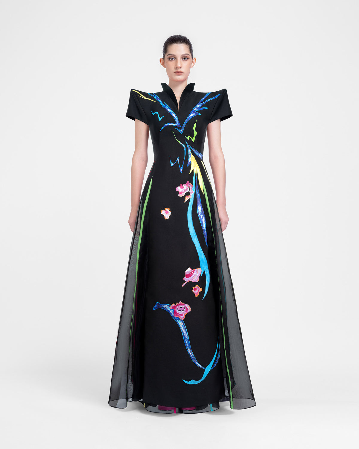 Wings of Night - Structured Shoulder Black Evening Dress