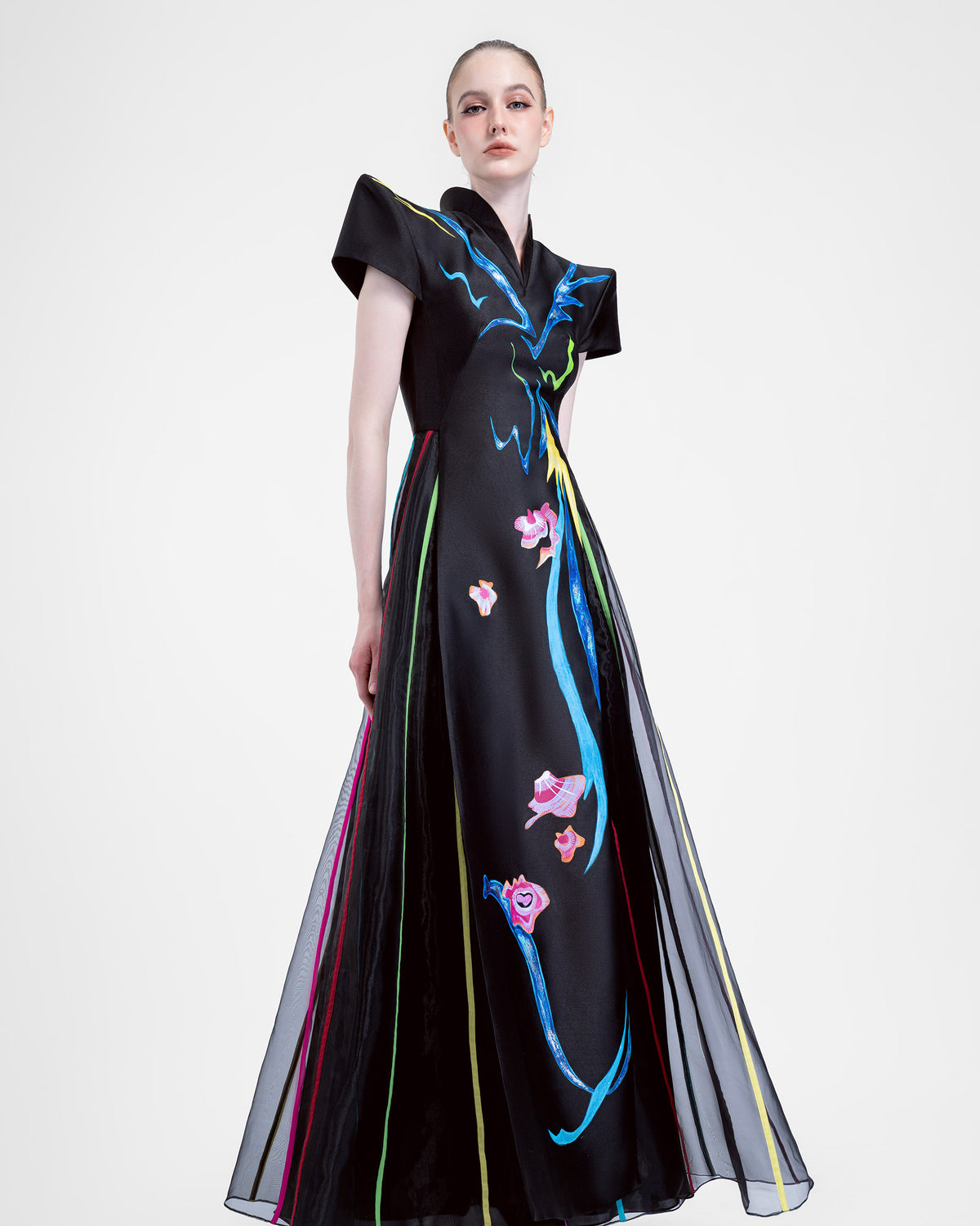 Wings of Night - Structured Shoulder Black Evening Dress