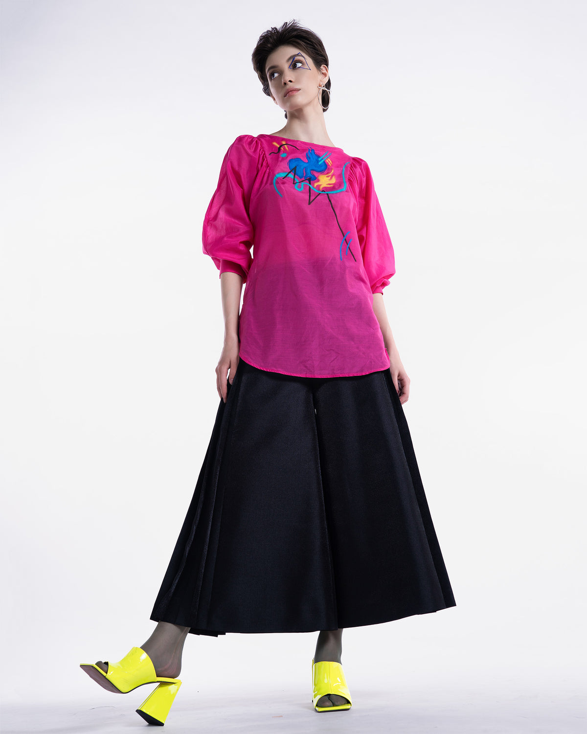 Pleated Panel Black Culottes Trousers