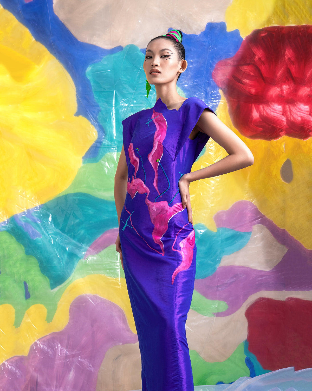 In The Night - Asymmetrical Neckline Indigo Maxi Dress