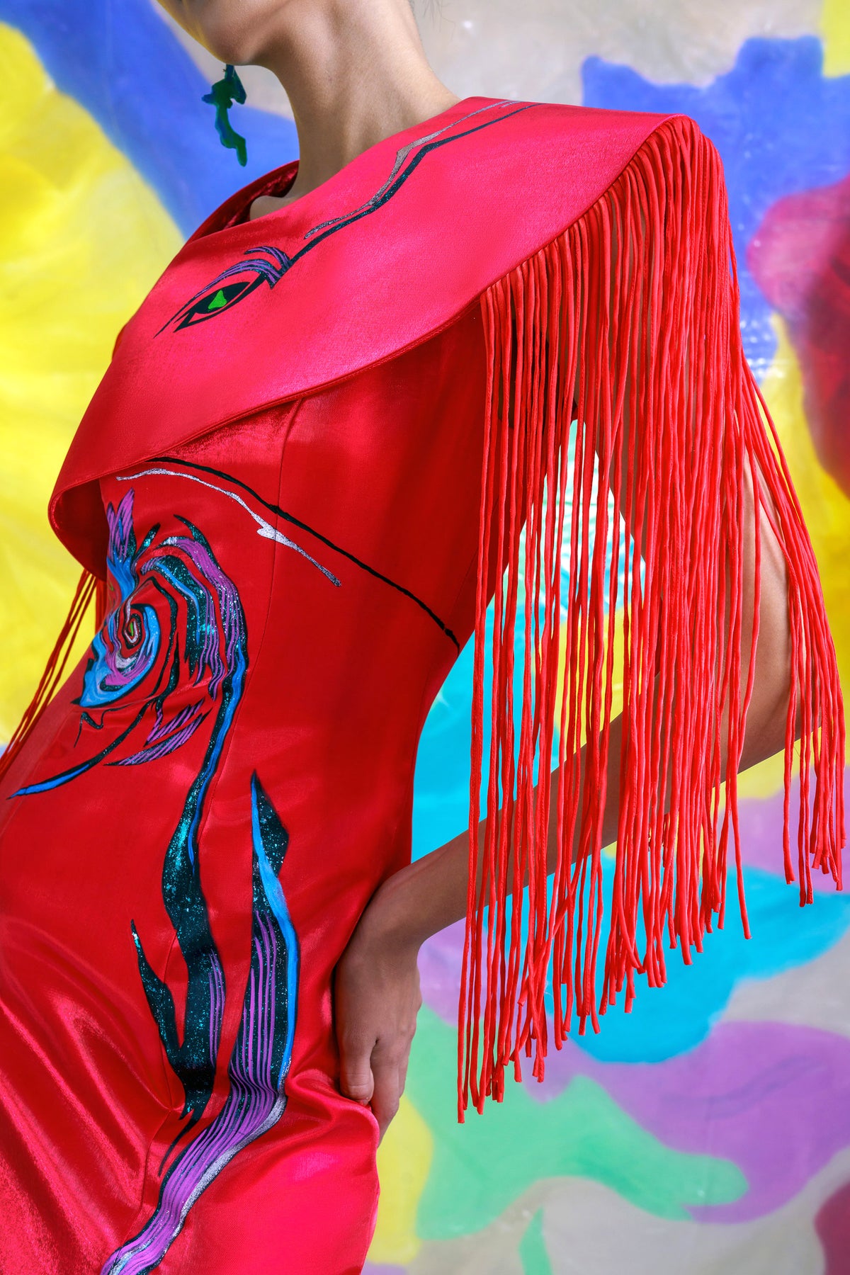 Harmony - Fringe Cape Red Evening Dress