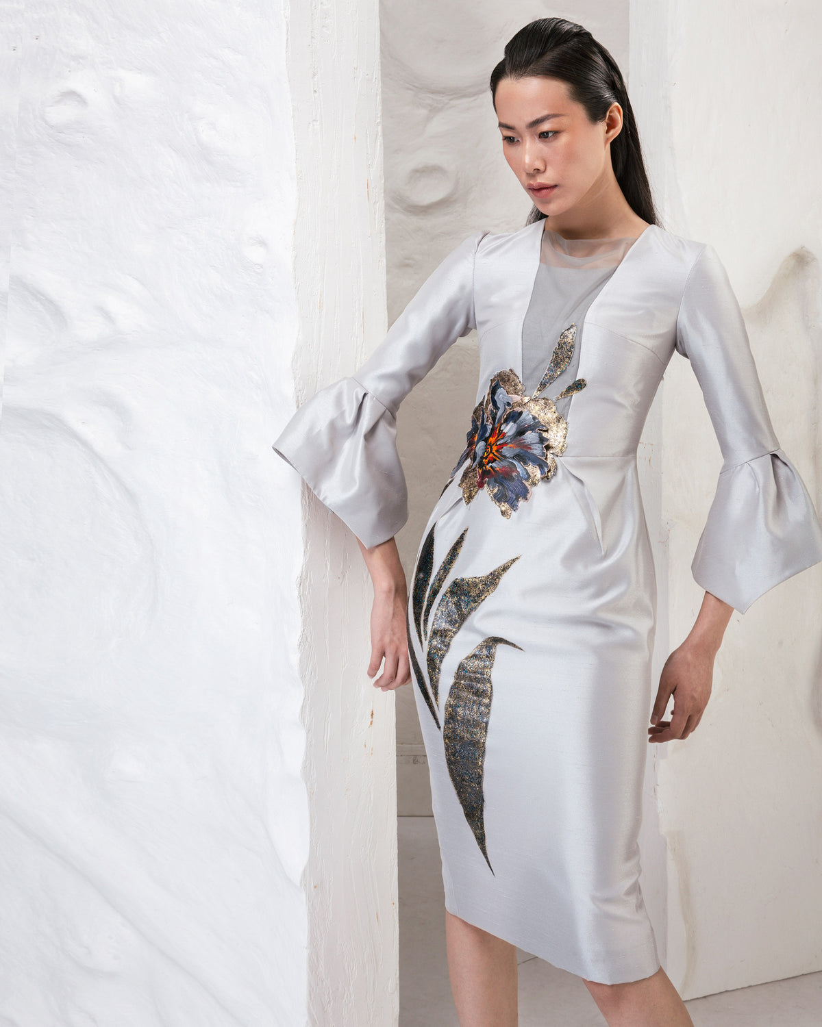 Đầm Taffeta Xám Hoạ Tiết Poppy