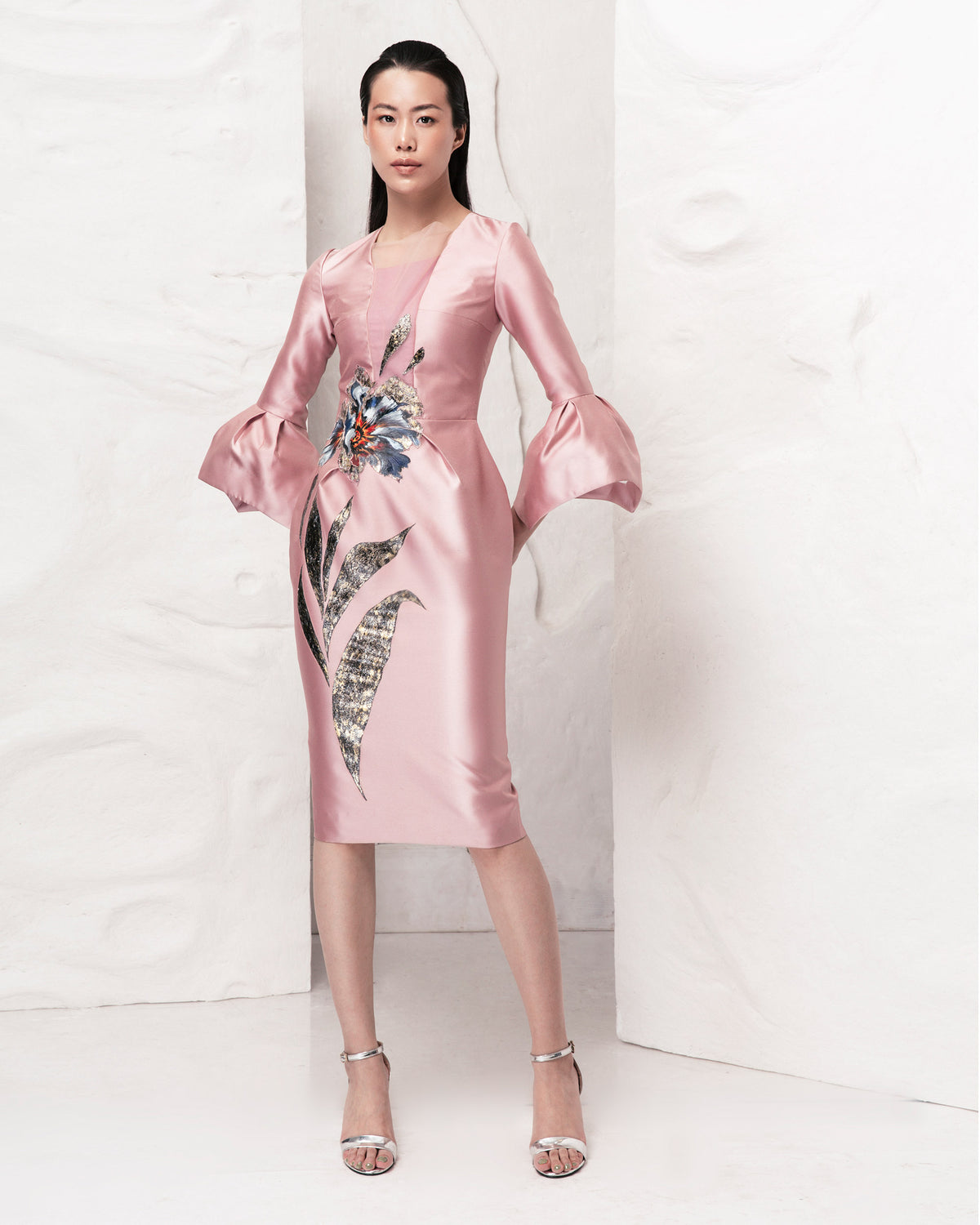 Đầm Taffeta Xám Hoạ Tiết Poppy
