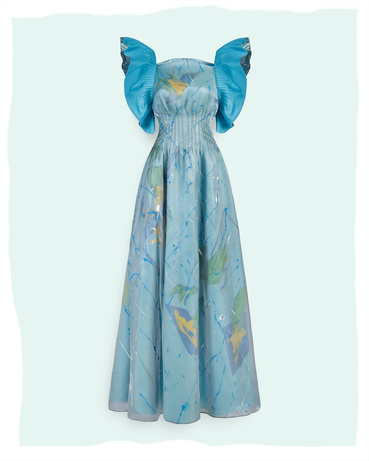 Dragon In Aquamarine - Ruffled Sleeves Gown Dress