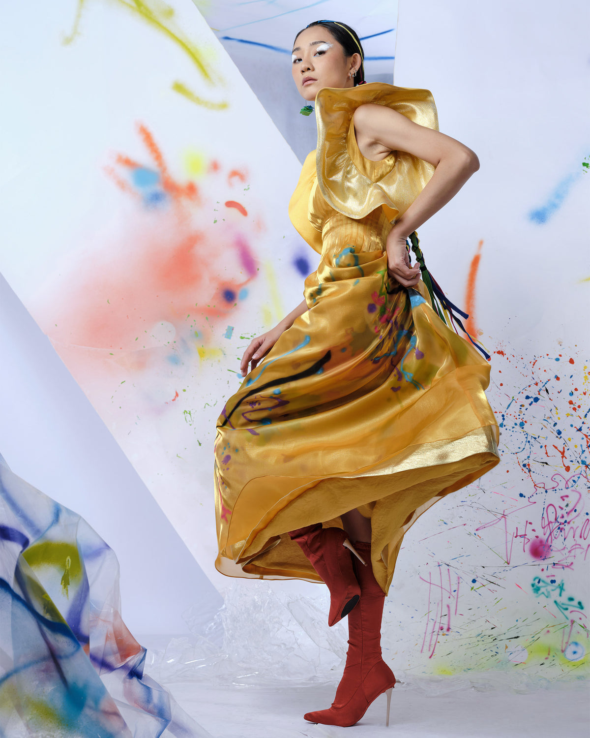 Gold Dragon - Ruffled Sleeves Gown Dress