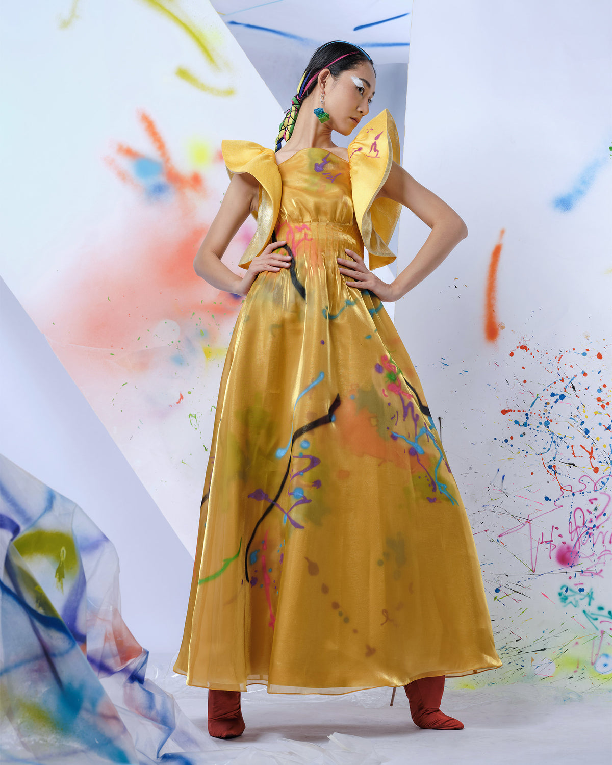 Gold Dragon - Ruffled Sleeves Gown Dress
