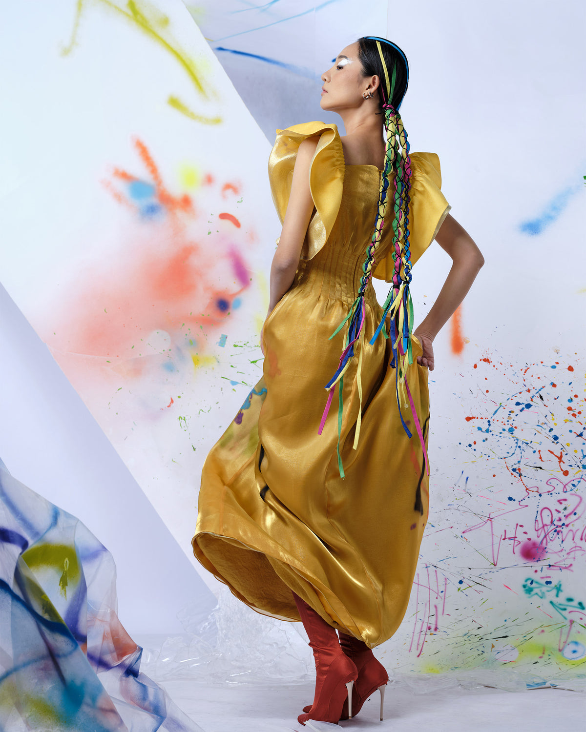 Gold Dragon - Ruffled Sleeves Gown Dress