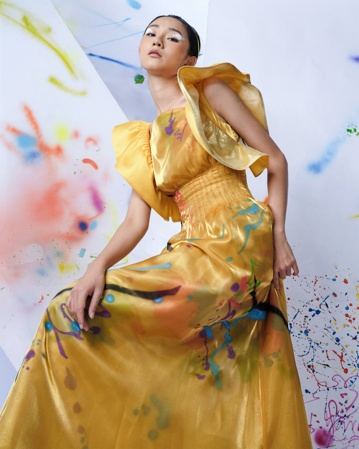 Gold Dragon - Ruffled Sleeves Gown Dress