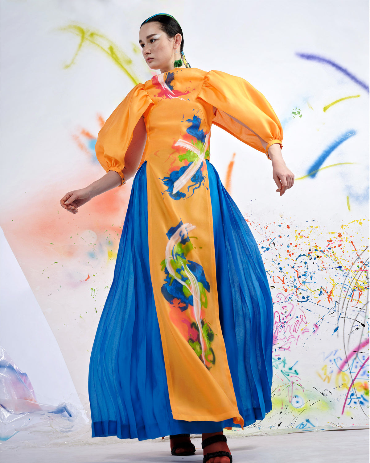 Dragon Rising Up- Orange Contemporary Aodai