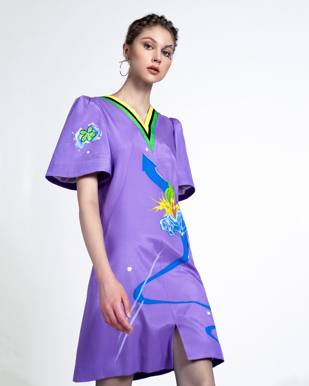 Relax In The Cloud - Color Mixed V-neck Lavender Shift Dress