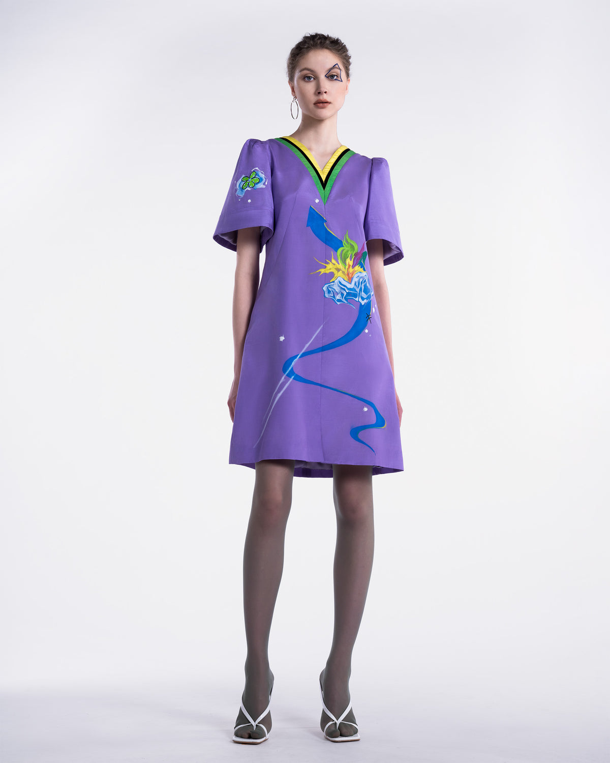 Relax In The Cloud - Color Mixed V-neck Lavender Shift Dress