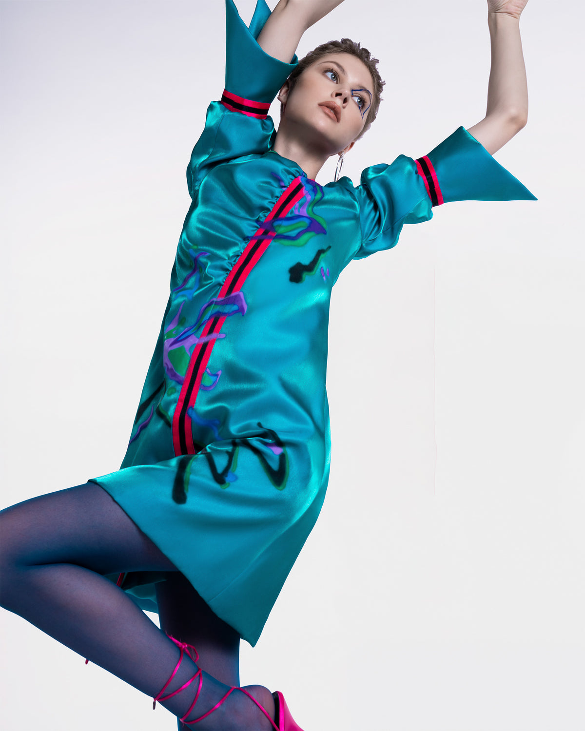 Abstract Flowers - Asymmetrical Cobalt Teal Mini Dress