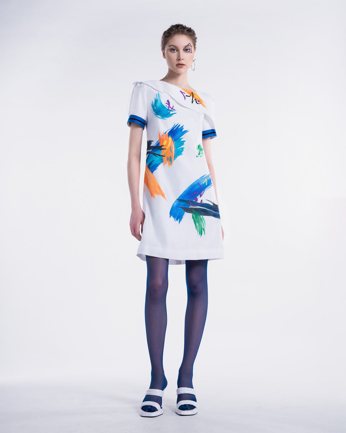 Dragon Aura - Asymmetrical Collar White Shift Dress
