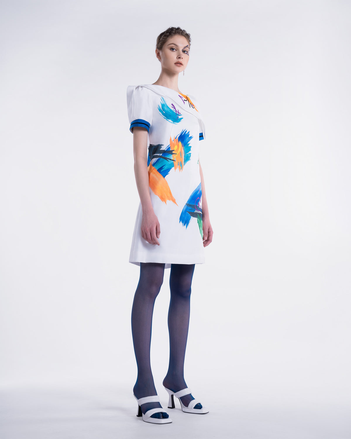 Dragon Aura - Asymmetrical Collar White Shift Dress