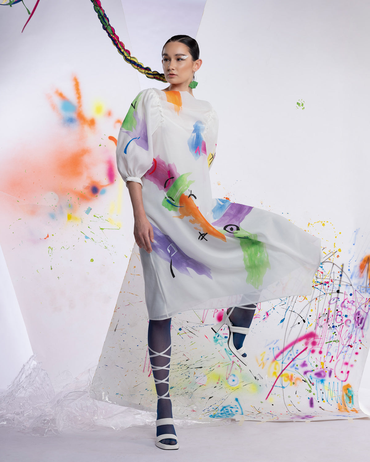Dragon Aura in White Cloud - Trapeze Midi Dress