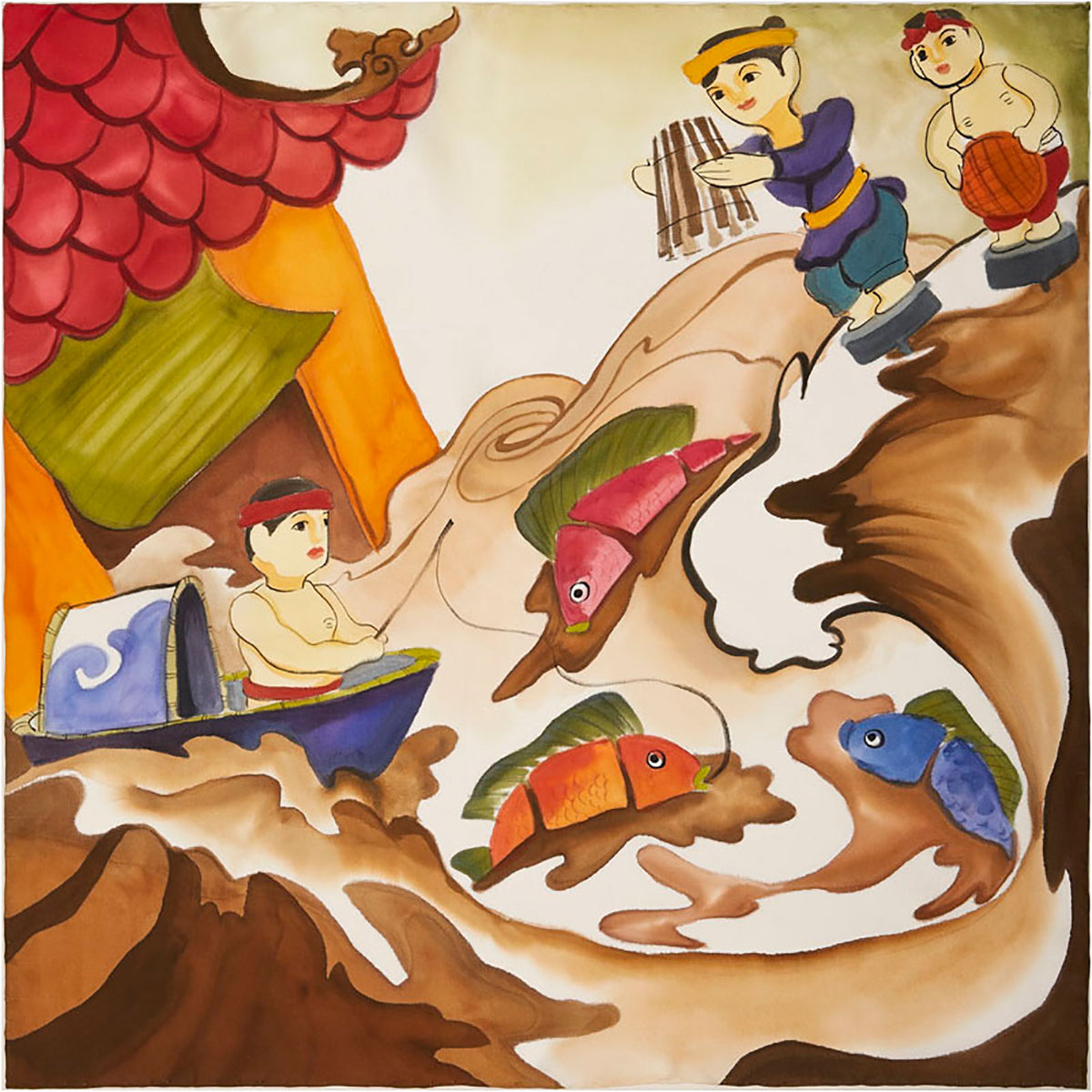 Vietnamese Water Puppet Hand-painted 55 Square Silk Scarf