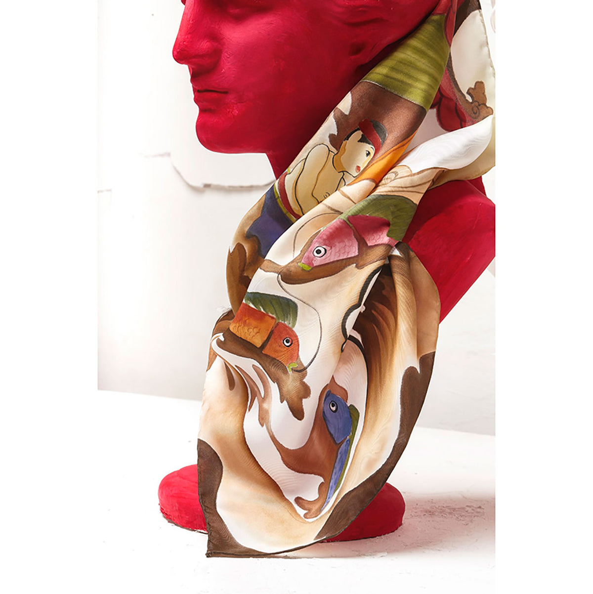 Vietnamese Water Puppet Hand-painted 55 Square Silk Scarf