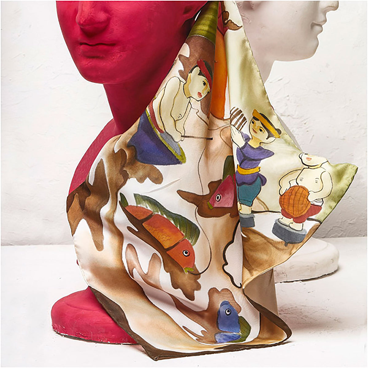 Vietnamese Water Puppet Hand-painted 55 Square Silk Scarf