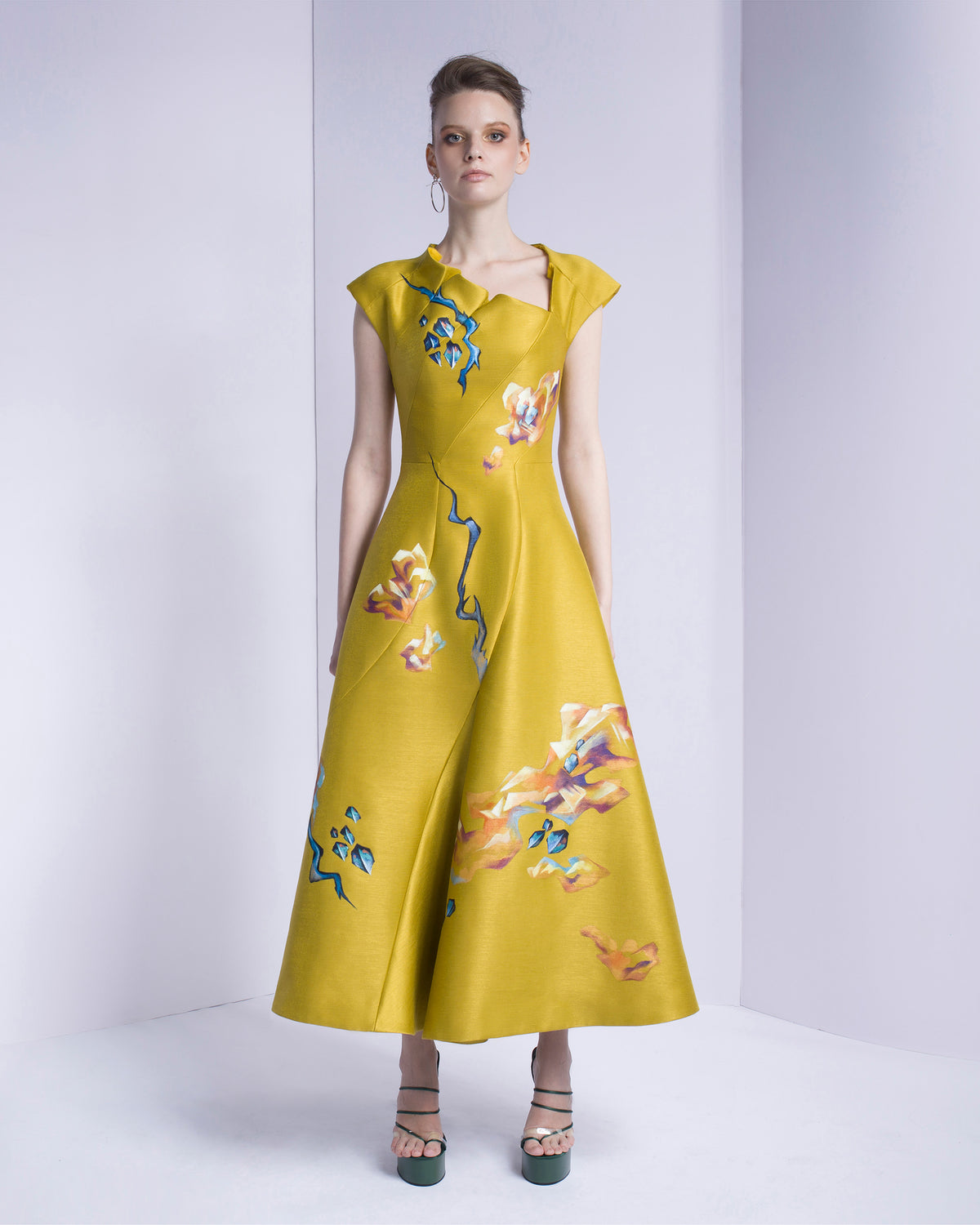 Golden Dreamscape - Asymmetrical Neck Midi Dress