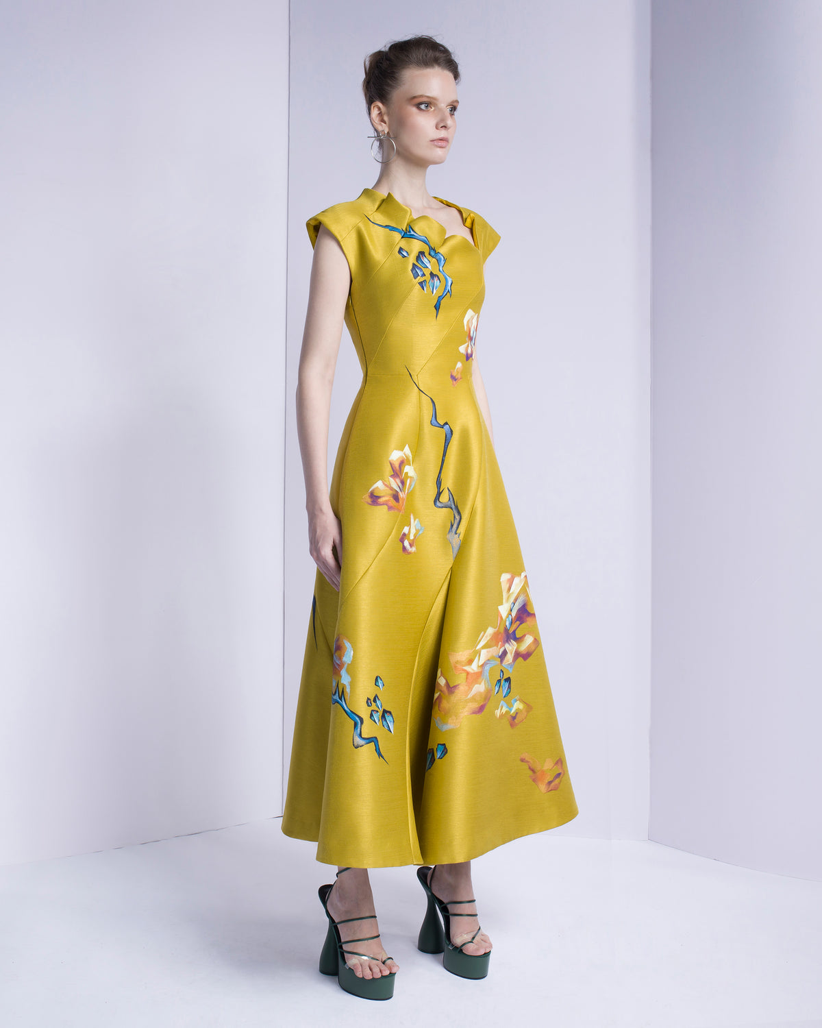 Golden Dreamscape - Asymmetrical Neck Midi Dress