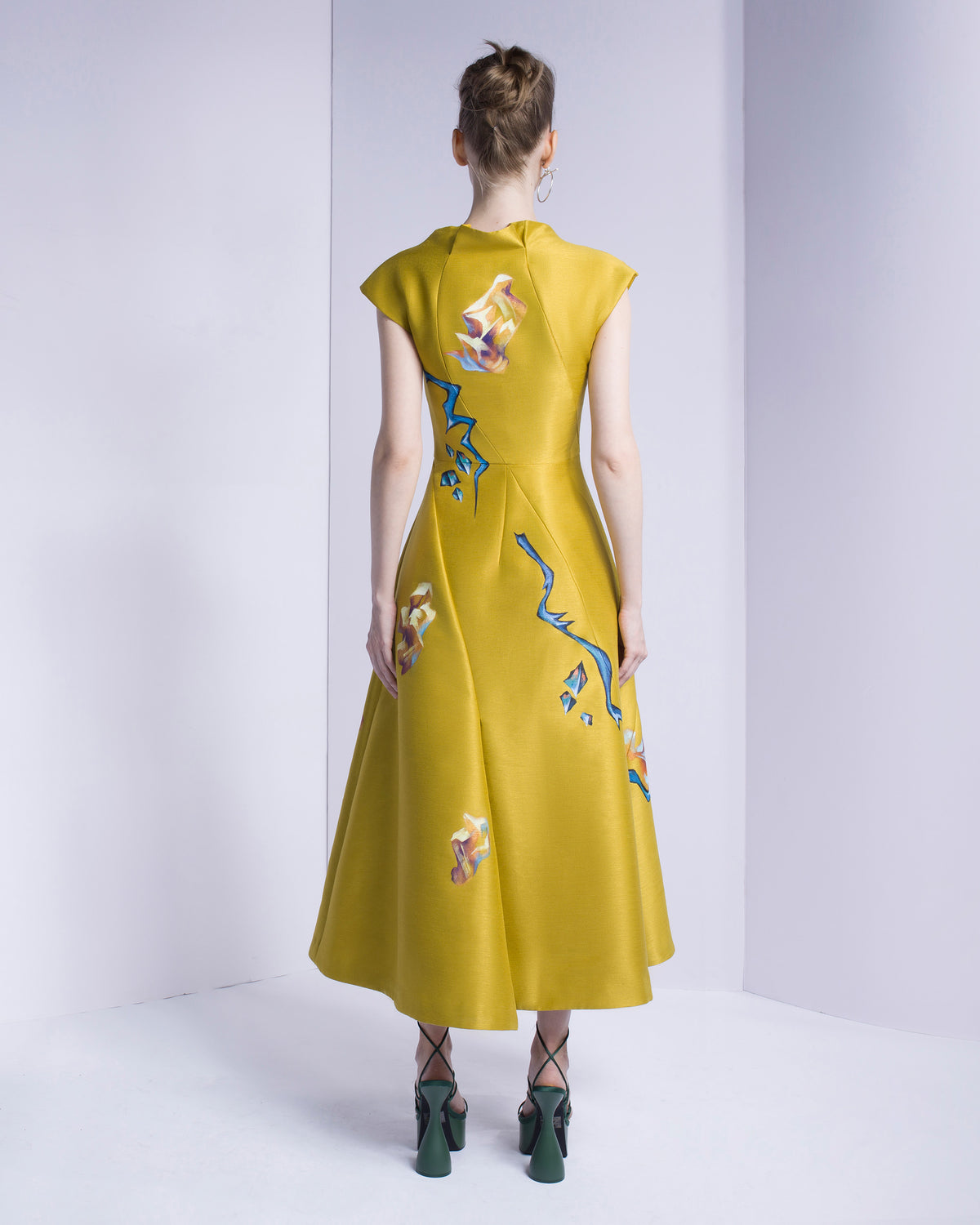 Golden Dreamscape - Asymmetrical Neck Midi Dress