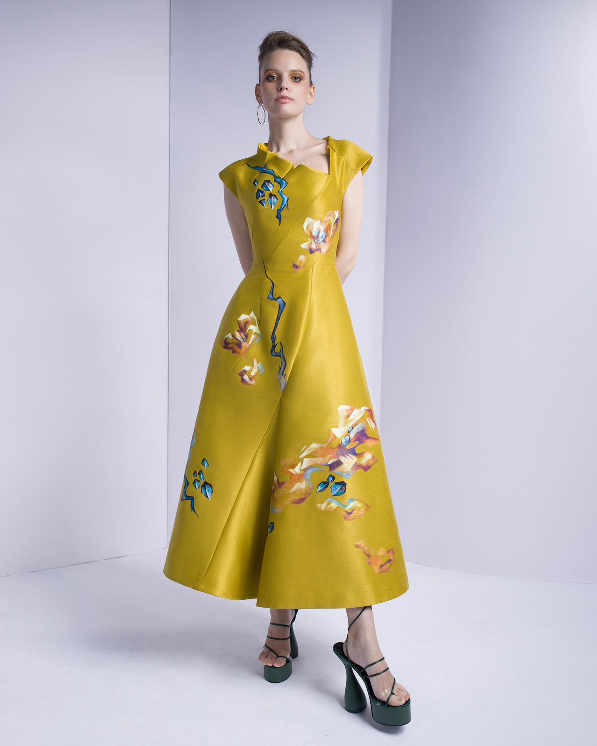 Golden Dreamscape - Asymmetrical Neck Midi Dress