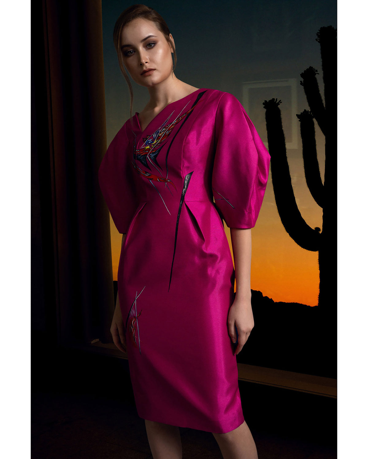 Cactus Flower-painted Voluminous Sleeve Midi Dress