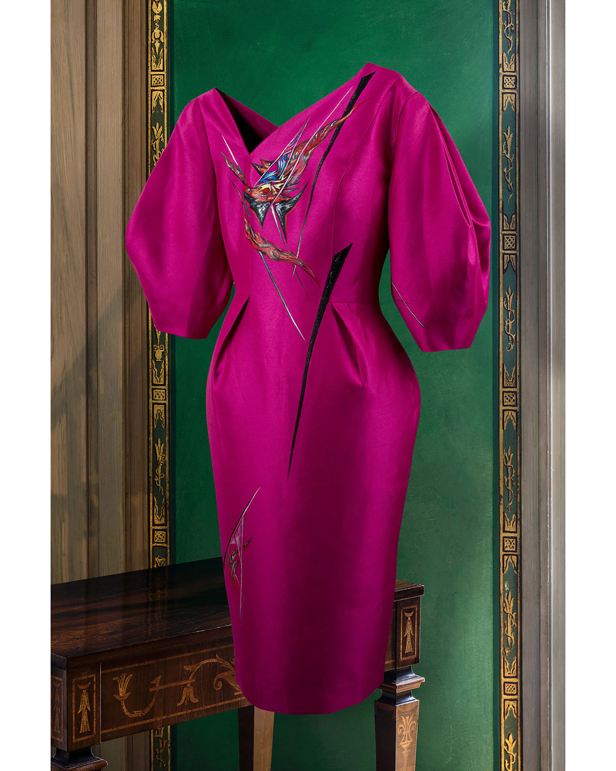Cactus Flower-painted Voluminous Sleeve Midi Dress