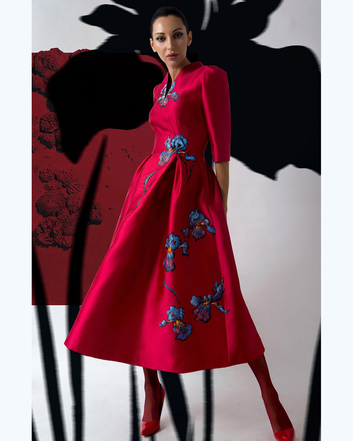 TinyInk-Fallwiner20-Red-hand-painted-sleeve-midi-dress