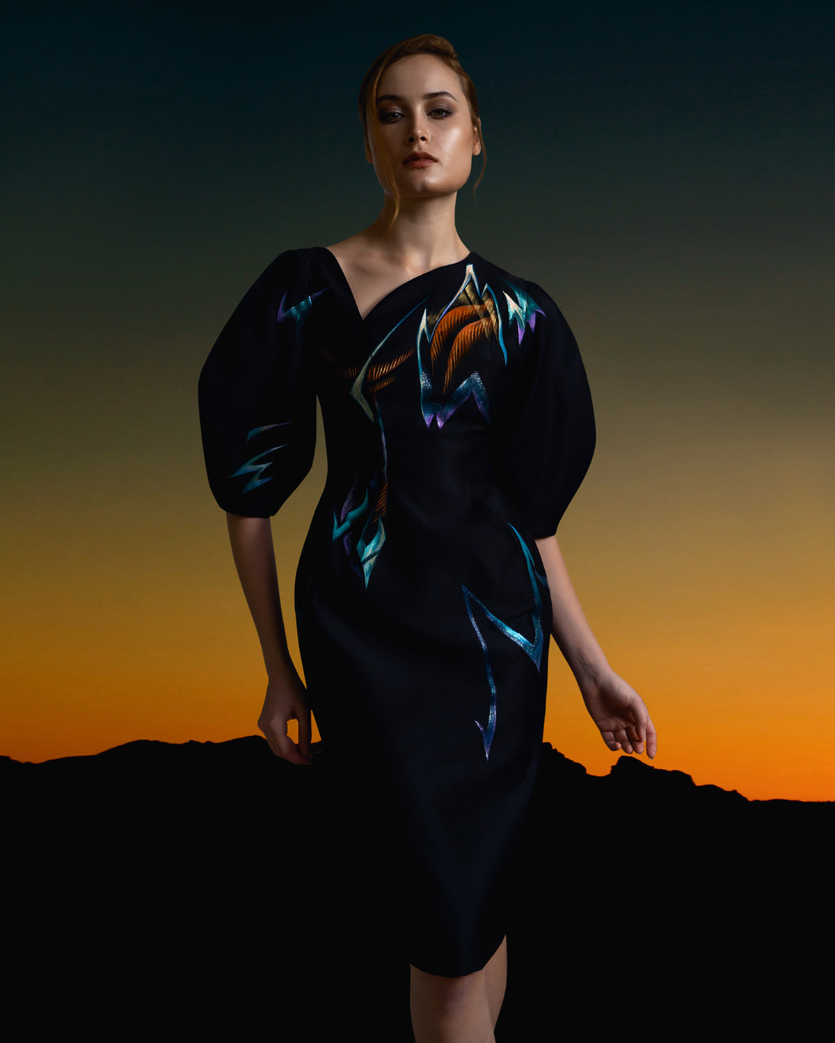 Amaryllis Abstract-painted Voluminous Sleeve Midi Dress