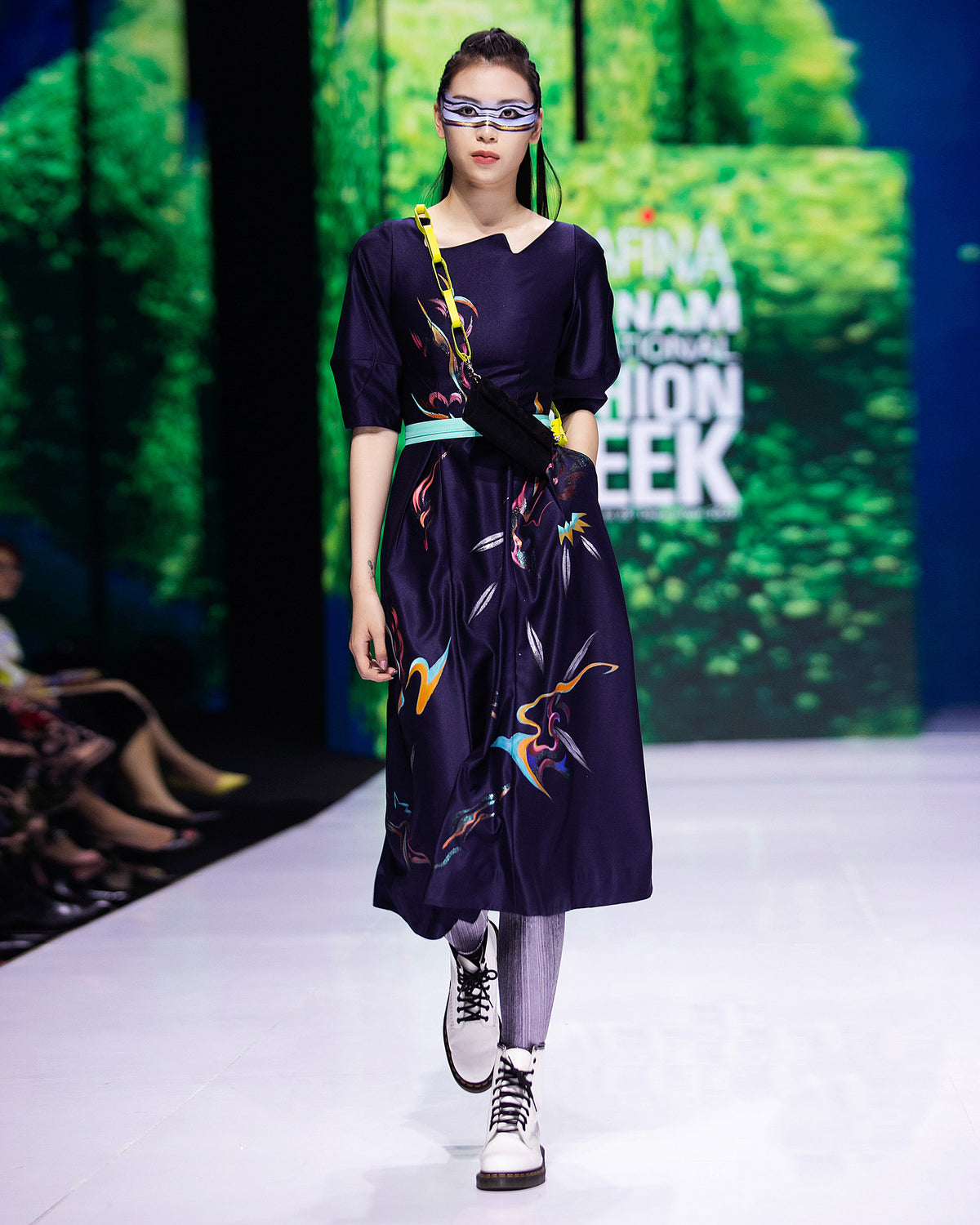 Story of Sunset-painted Dark Blue Skater Midi Dress