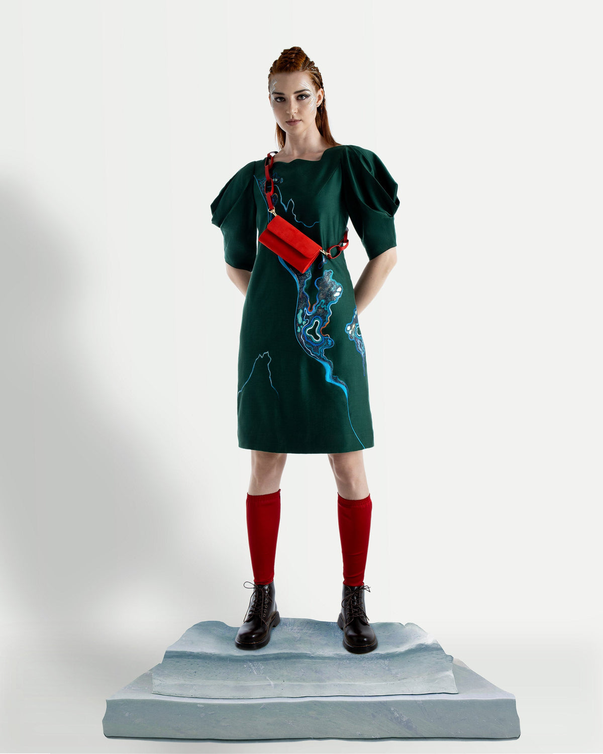 TinyInk-Fallwinter21-green-hand-painted-abstract-voluminous-sleeve-mini-dress