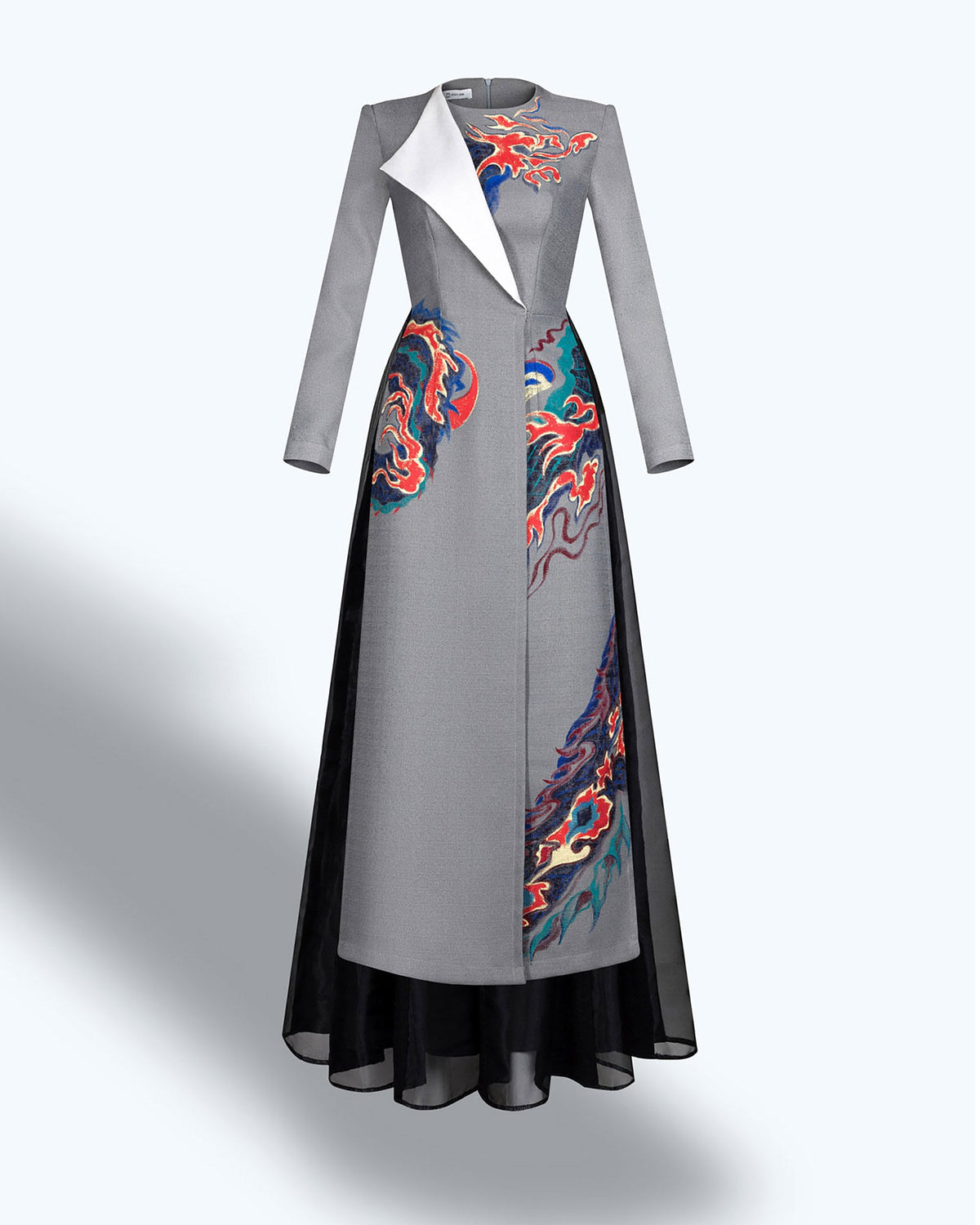 TinyInk-Grey-hand-painted-dragon-tweed-contemporary-ao-dai