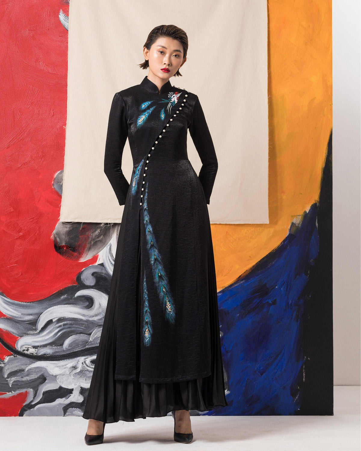 TinyInk-LN19-black-hand-painted-phoenix-contemporary-aodai