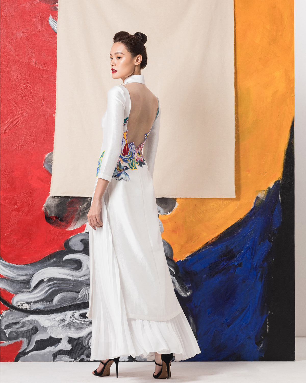 Floral-painted Raglan Sleeve White Contemporary Ao Dai