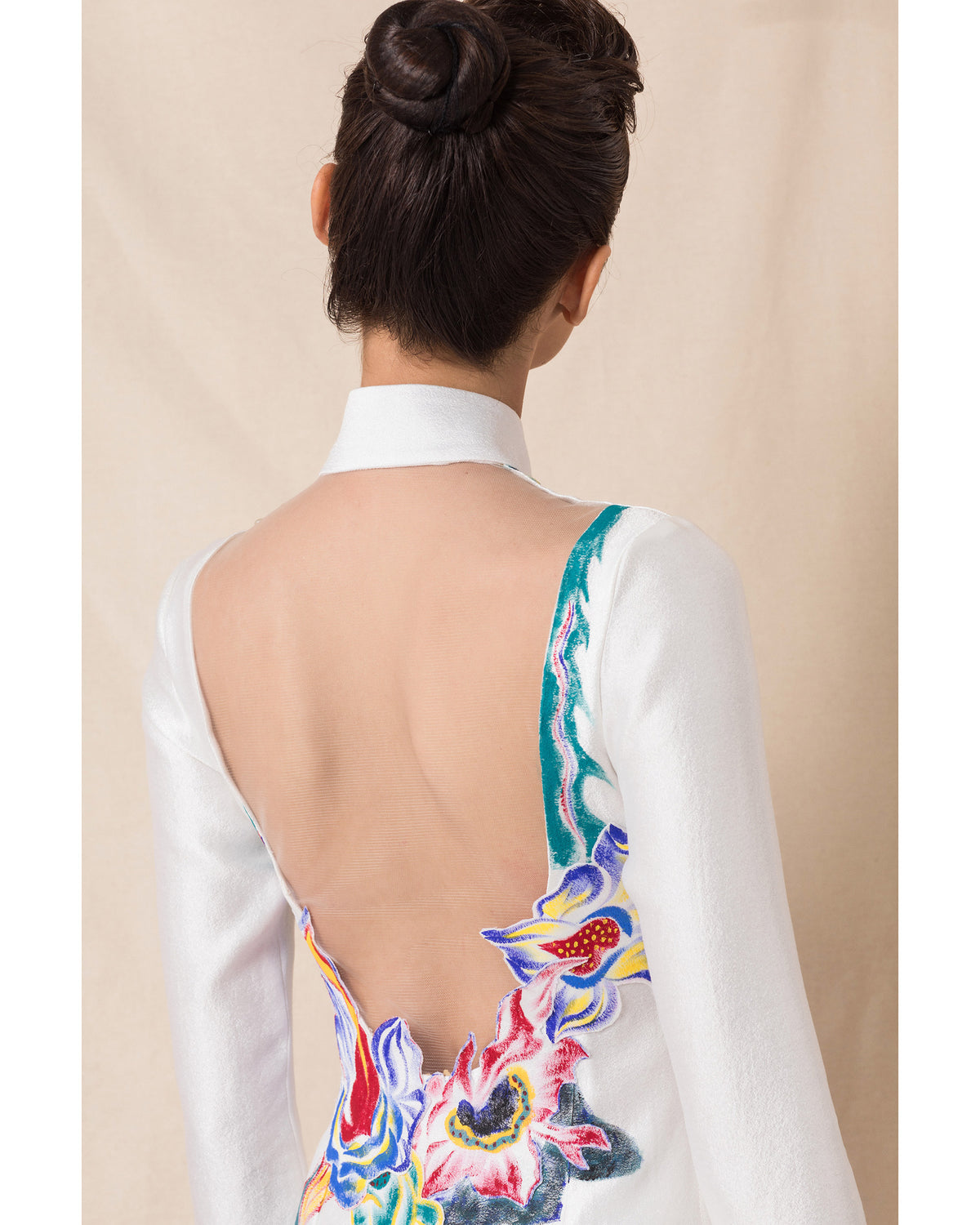 Floral-painted Raglan Sleeve White Contemporary Ao Dai