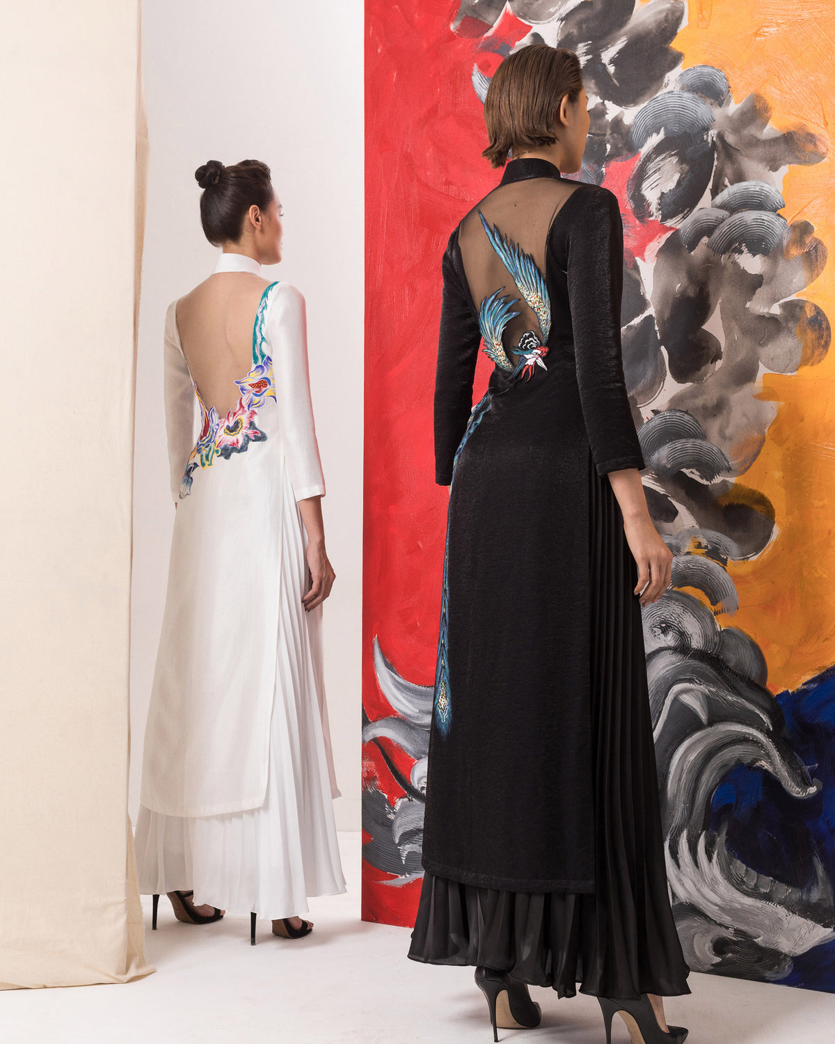 Floral-painted Raglan Sleeve White Contemporary Ao Dai
