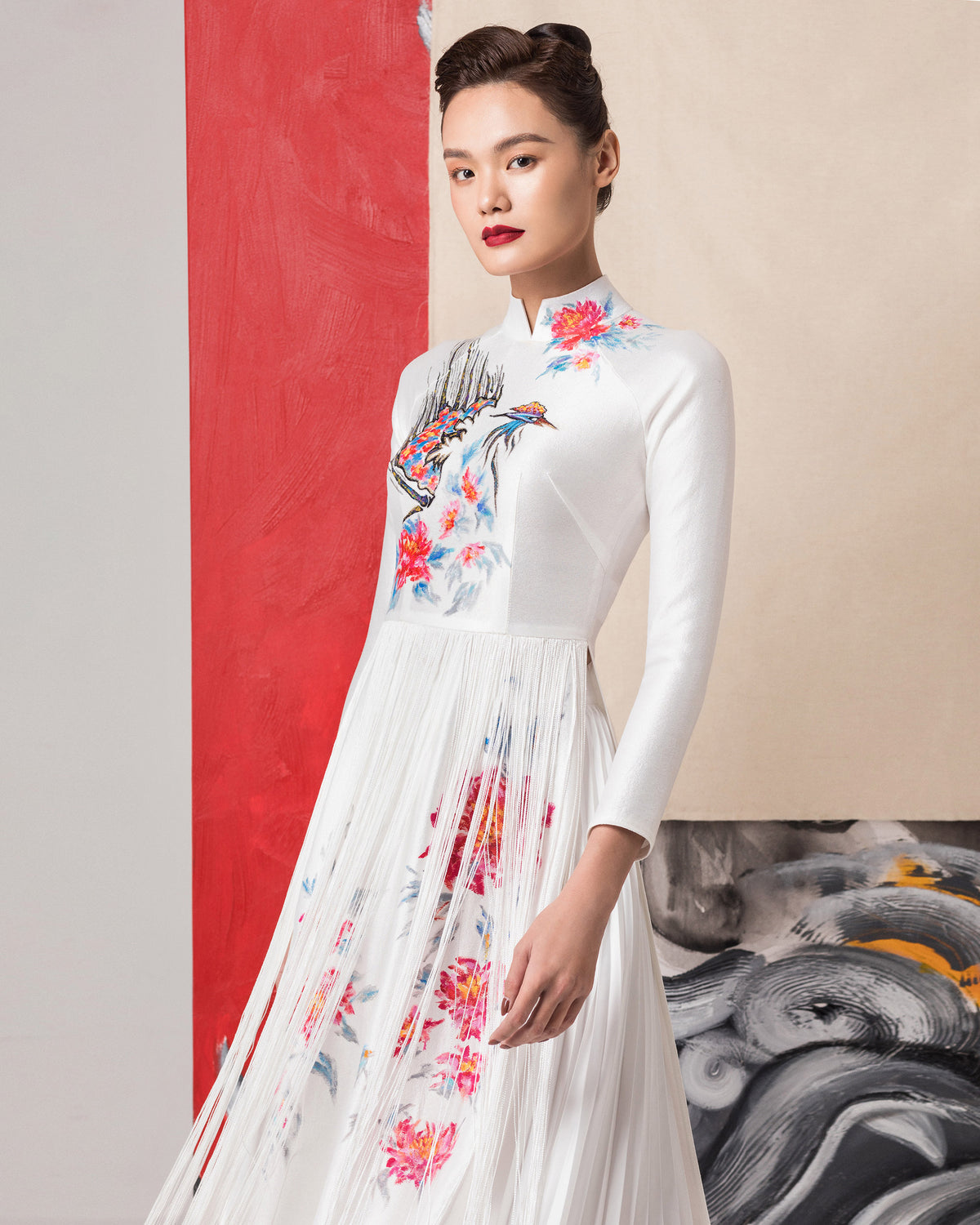 Phoenix-painted Raglan Sleeve White Contemporary Ao Dai