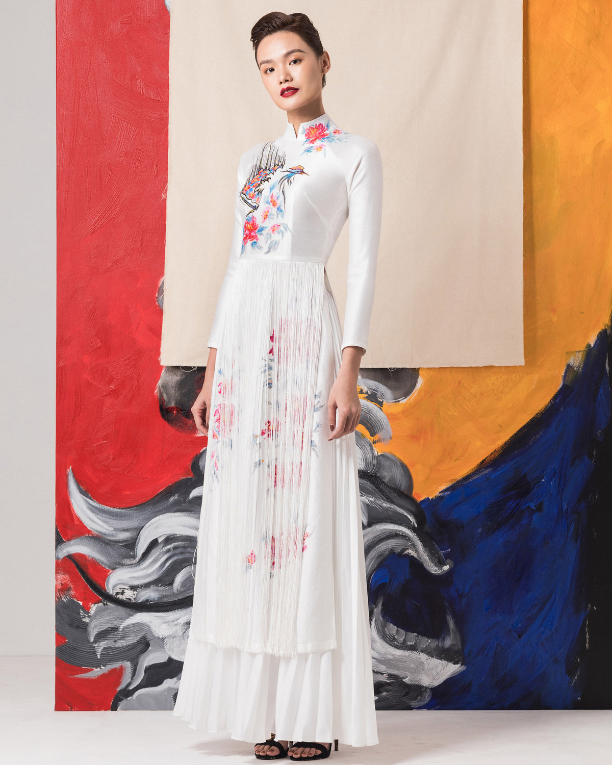 Phoenix-painted Raglan Sleeve White Contemporary Ao Dai